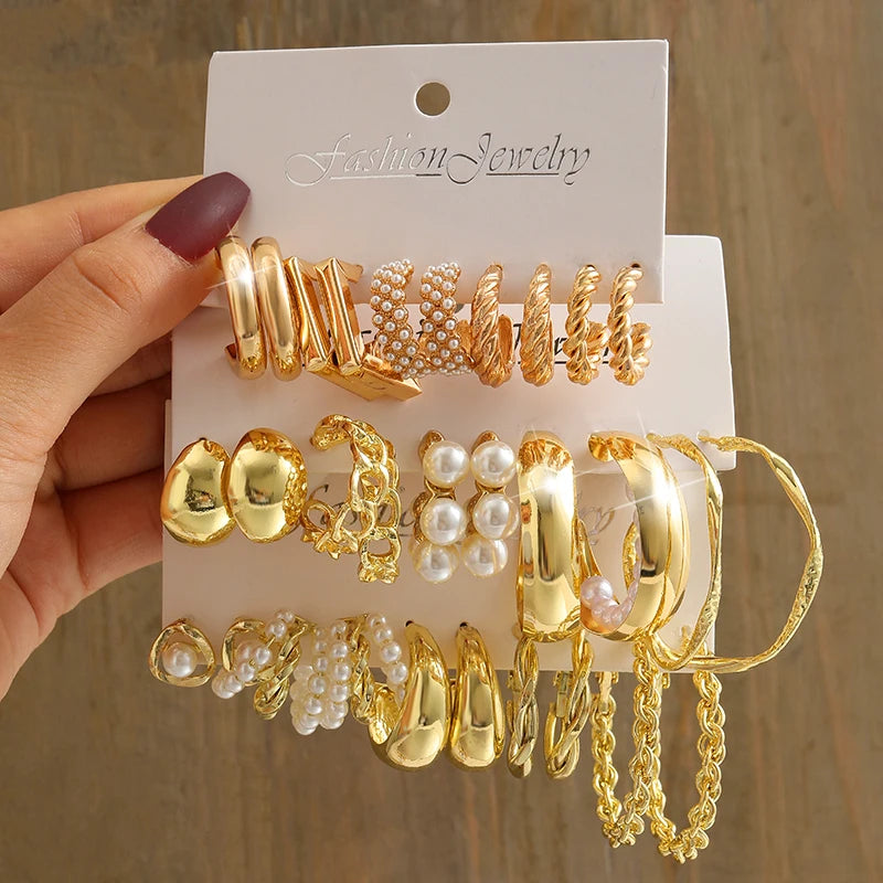 Aretes de Perlas Geométricos Vintage Color Oro, Set de Aretes Colgantes Cuadrados de Metal Trenzado Redondos para Mujer, Joyería de Fiesta Sencilla y de Moda