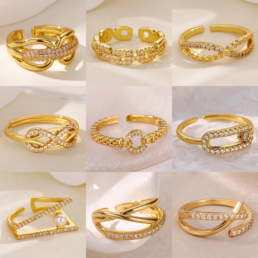 Zirkon-Ketten-Kreuzringe für Damen Vintage Goldfarbe Edelstahl Geometrischer offener Ring Mode Hochzeit Ästhetischer Schmuck Geschenk