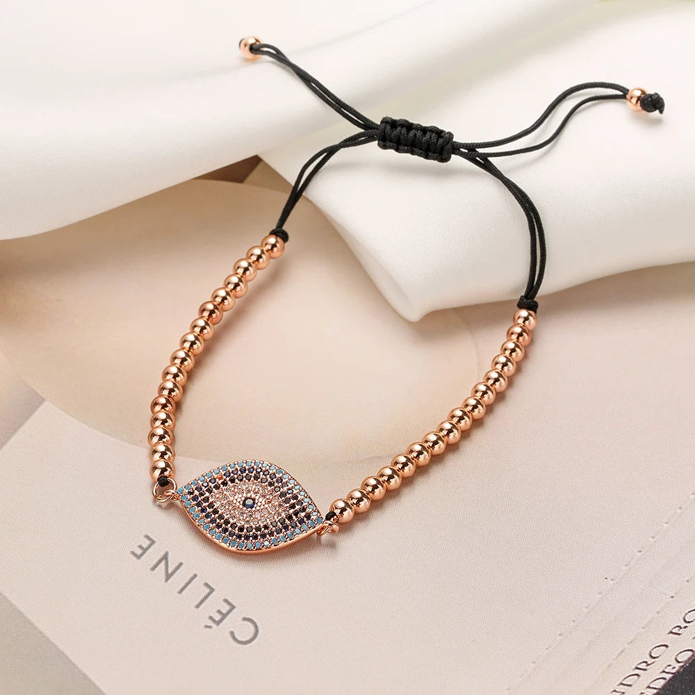 NEWBUY 2023 Mode Handgemachte schwarze Seilperlenkette Armband Verstellbar AAA Zirkonia Böser Blick Charm Armbänder für Frauen Mädchen