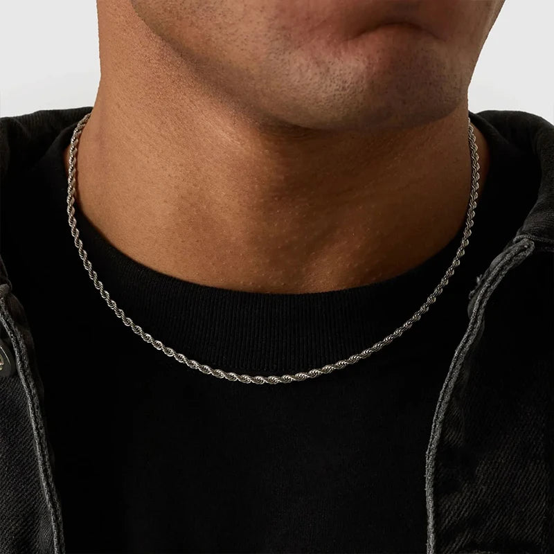 Cadena de cuerda clásica impermeable de 3 mm de acero inoxidable chapado en oro de 18 quilates para hombre y mujer, accesorios de joyería