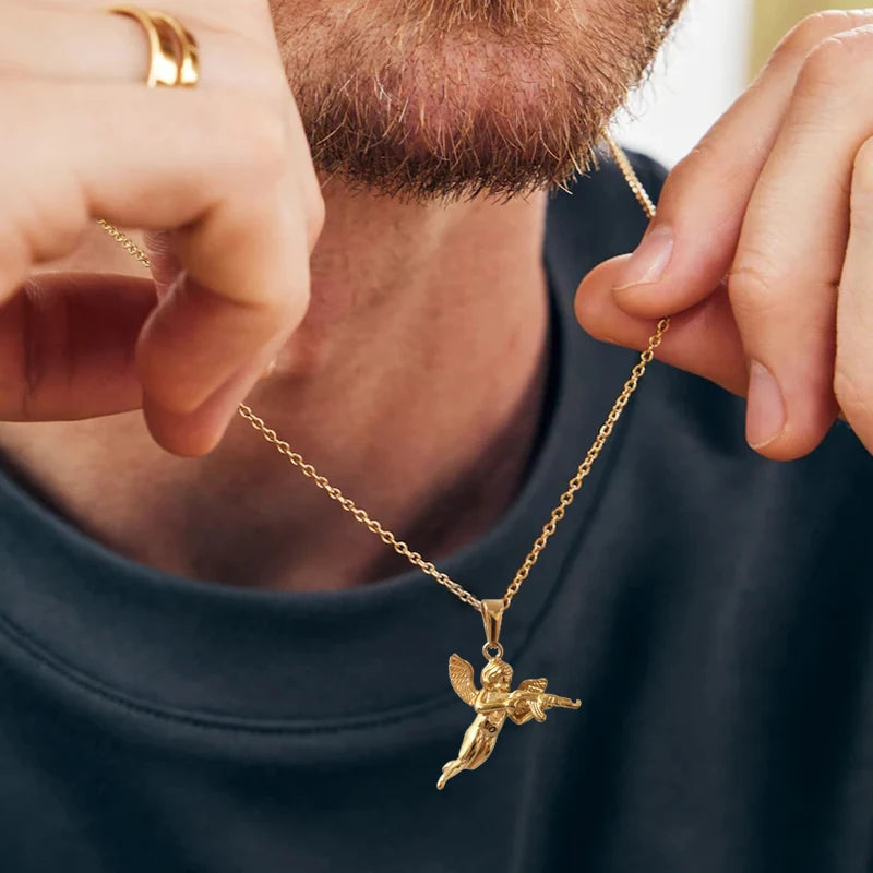 Collar con colgante de ángel 3D con pistola para hombre - chapado en oro de 18 quilates y cadena de cuerda de acero 316L, regalo de joyería gótica hip hop, "La venganza de Cupido"