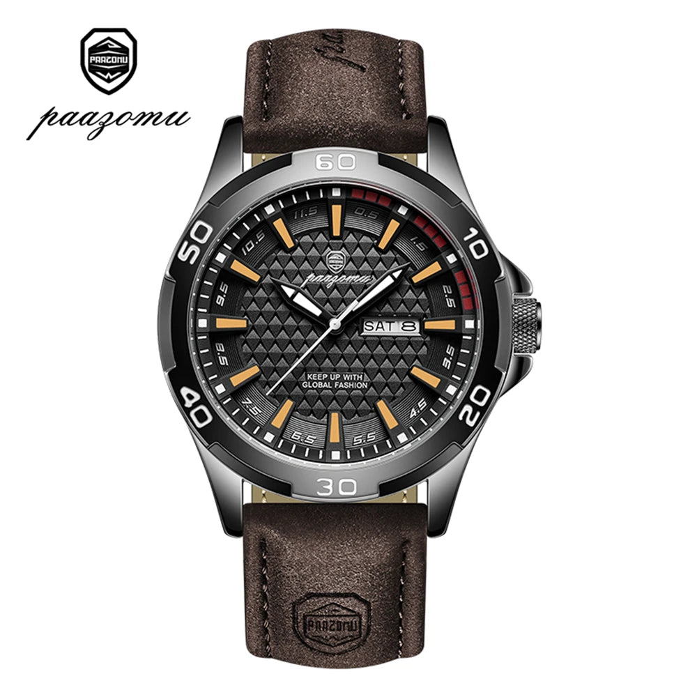 PAAZOMU Reloj de pulsera original para hombre, de lujo, resistente al agua, luminoso, con fecha y semana, de cuarzo deportivo, de cuero, para hombres Reloj