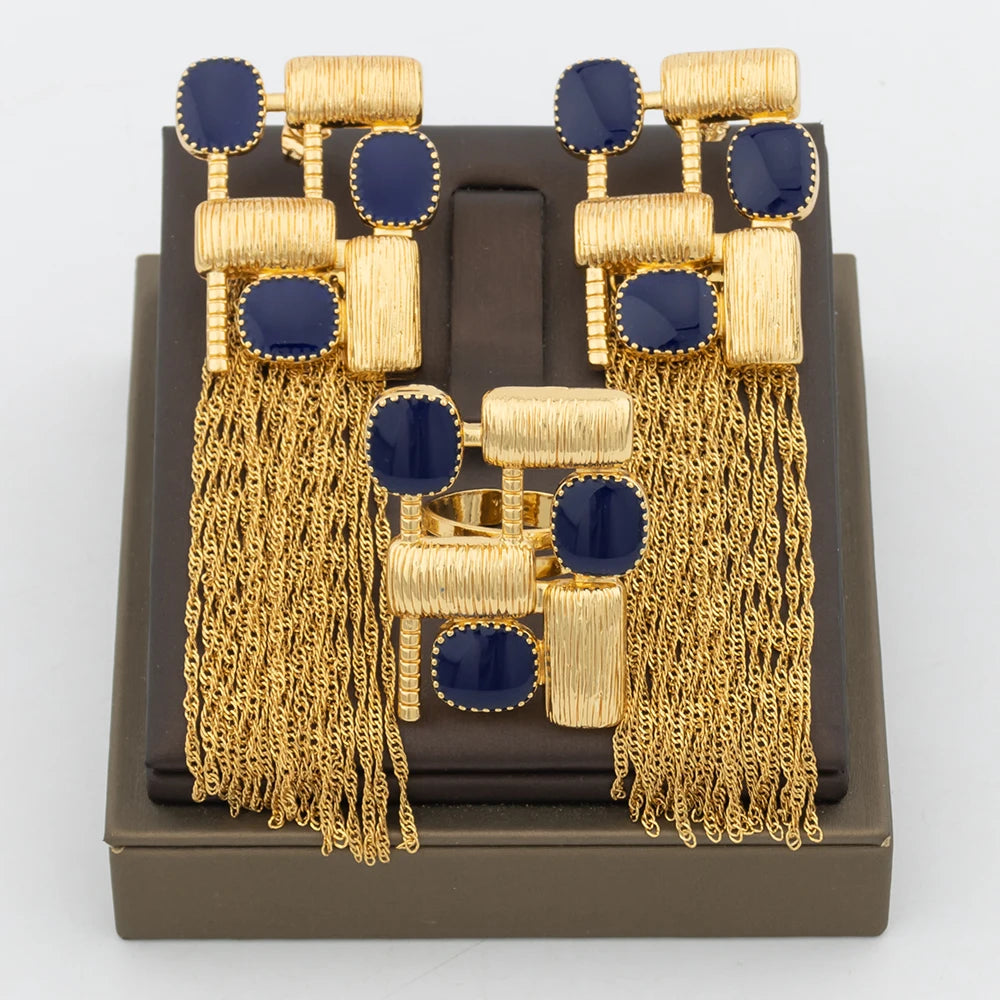 Trend-Schmuckset für Damen Afrikanisches Goldfarbenes Ohrring- und Ringset Geometrisches Design Quastenohrringe Größenverstellbarer Ring für Hochzeiten