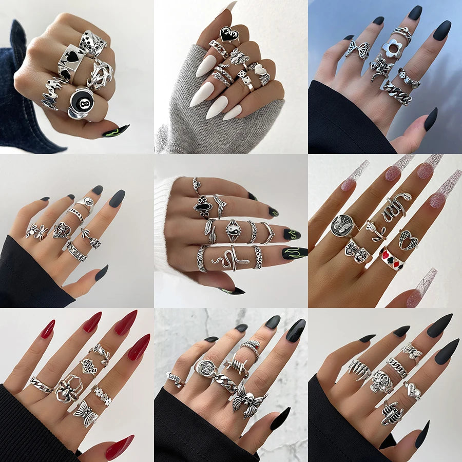 Anillo de elementos múltiples de metal estilo Punk vintage para mujer y hombre, anillos de dedo de calavera de serpiente mariposa de Color plata antigua, joyería gótica