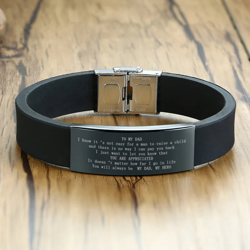 Vnox 16mm Vatertagsgeschenk Armband, schwarzes Kautschuk-Silikon-Armband mit personalisiertem „TO MY DAD“ Edelstahl-Bar, lässiges Armband für Herren