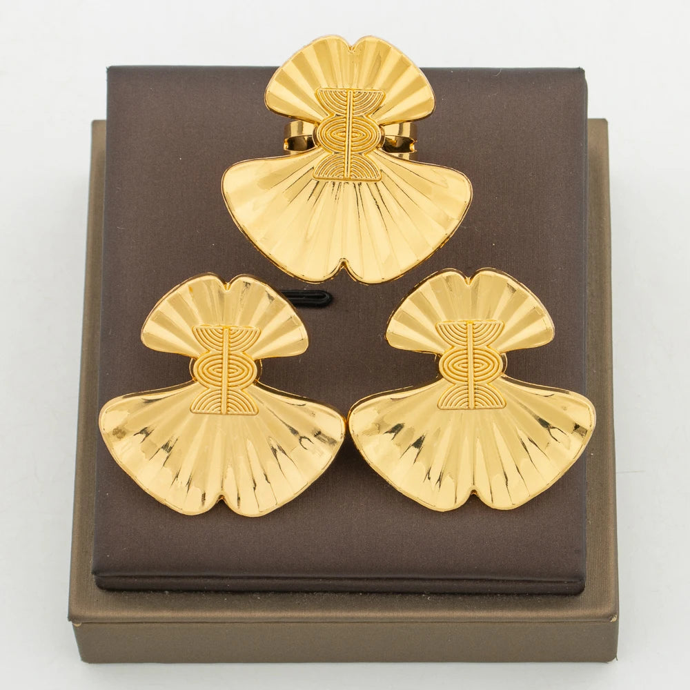 Afrikanischer Goldschmuck-Set für Damen, Ohrringe und Armreif-Ring, 3-teiliges Set, Hochzeiten, Brautschmuck-Geschenke für den täglichen Gebrauch