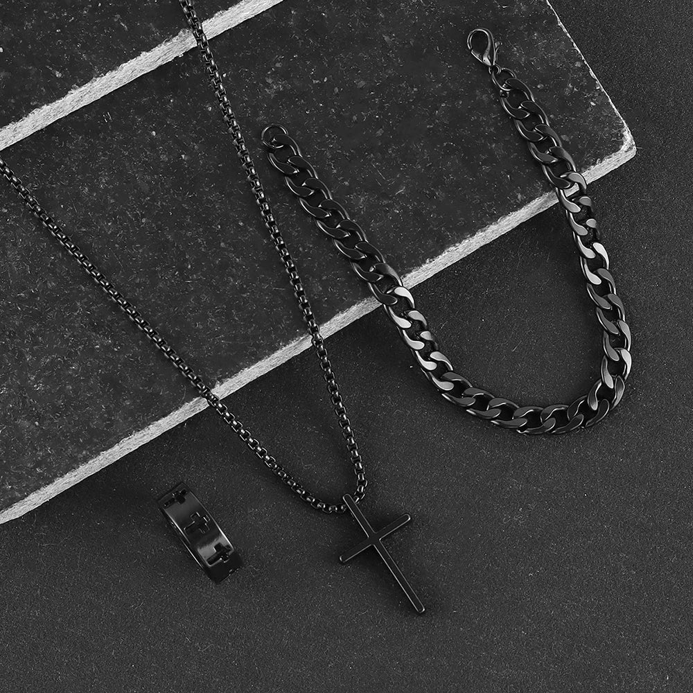 3tlg. Set Herren Edelstahl Metall Kreuz Anhänger Halskette Armband Ring Schmuckset Herren Hip Hop Alltagsaccessoires