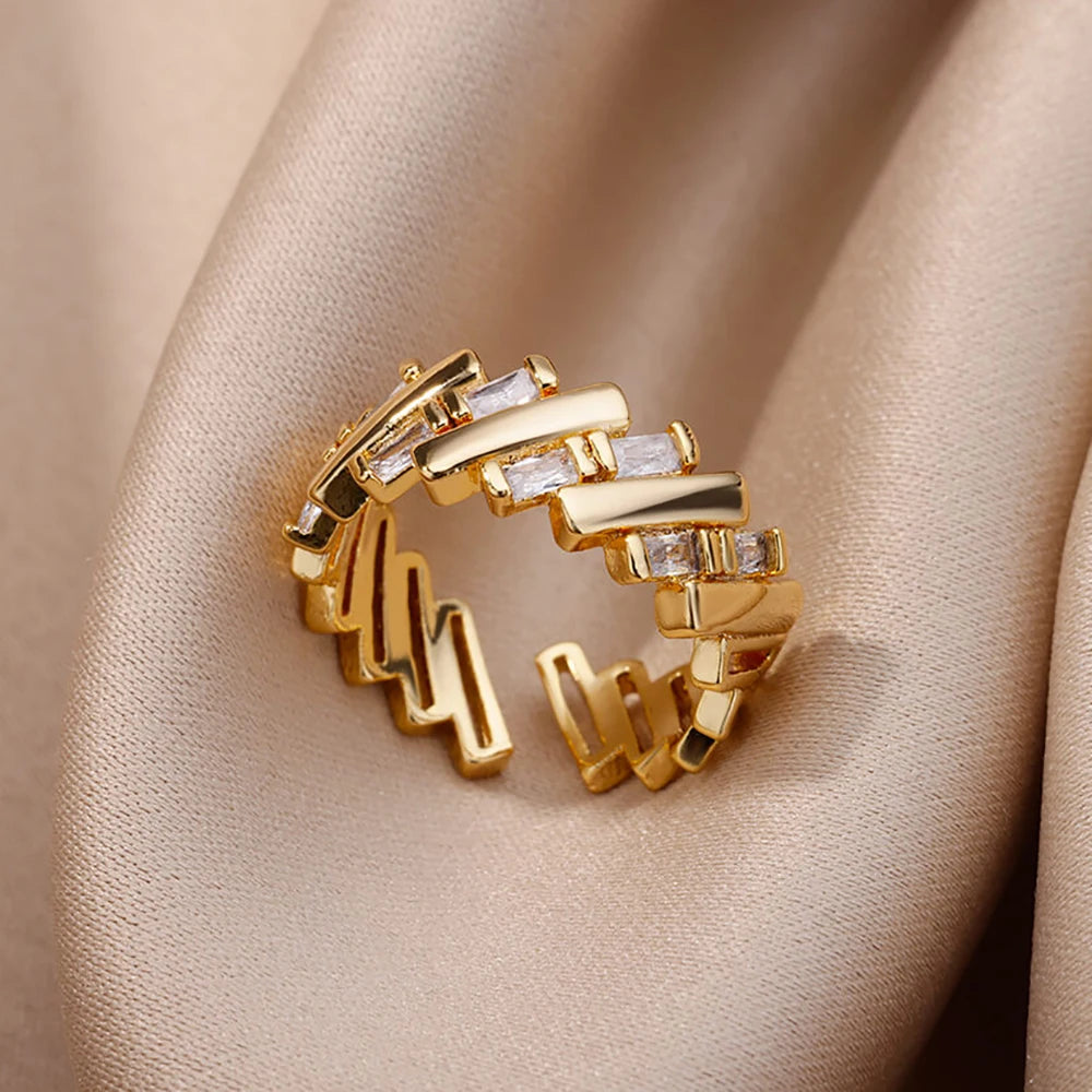 Goldfarbene Zirkonia-Ringe für Damen Offener Edelstahl Grüner Luxus-Kristall-Fingerring Boho Schmuck Hochzeitsfeier Geschenk