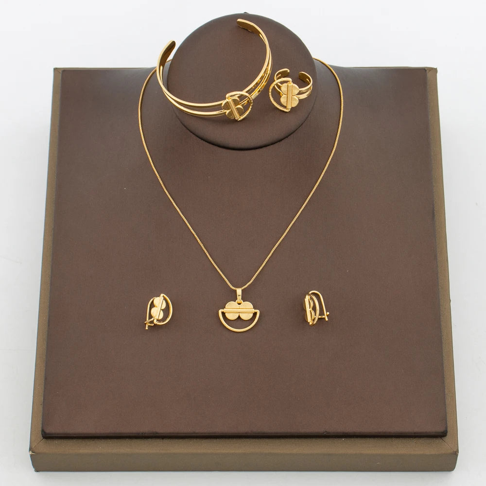 Elegantes Mädchenschmuck-Set für Partys, Kupfer-Goldfarbene Halskette und Creolen und Halsketten-Armreif-Ring-Set für Hochzeitsgeschenke