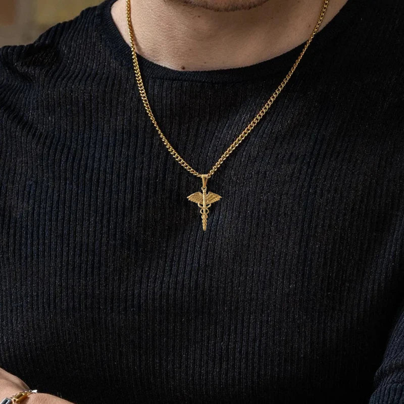 Collar de serpiente con ala de ángel de acero inoxidable chapado en oro de 18 quilates - Colgante de caduceo griego, joyería con amuleto para médico/enfermera