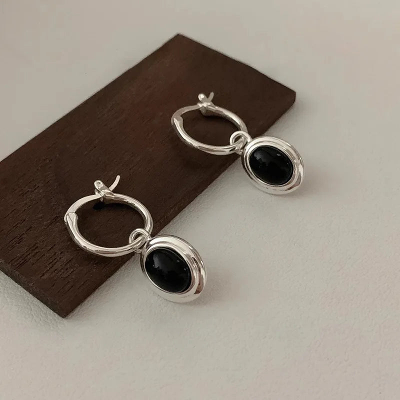 Pendientes redondos de oro vintage de plata de ley 925 para mujer, pendientes de bola negra, joyería que previene la alergia, accesorios de fiesta, regalo