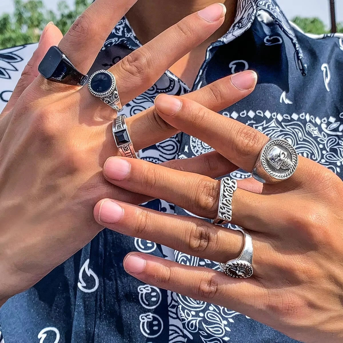 5 Stk./Set Goth Totem Pferd Flamme Antik Silberfarbene Ringe für Herren Unisex Punk Geschnitzter Fingerknöchel Männliche Schmuckaccessoires Steampunk