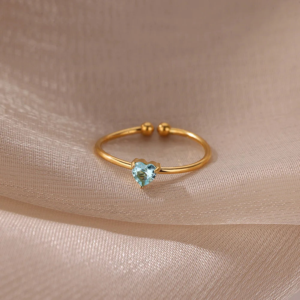 Edelstahl Geburtsstein Offene Ringe für Frauen Mode 12-farbiger Kristall Zirkon Herz Ring Geburtstag Ästhetischer Schmuck Geschenk