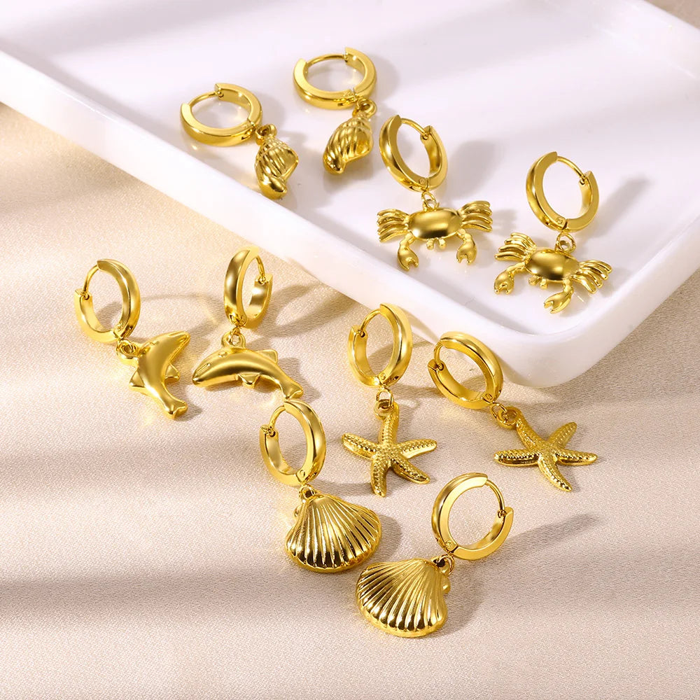Pendientes de aro de estrella de mar de agua dulce con concha para mujer, elegantes, de acero inoxidable, color dorado, Aretes, accesorios de joyería de Navidad