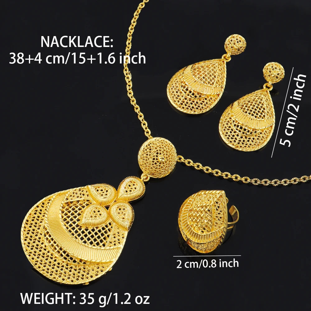 24 Karat goldfarbenes Party-Halskette-Ohrringe-Ringe-Set, luxuriöse Goldschmuck-Sets für Damen, Hochzeitsfeier-Accessoires