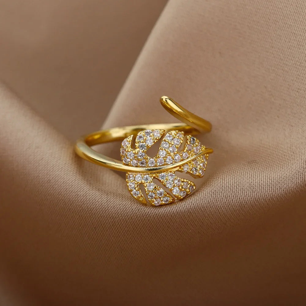 Anillos Abiertos con Forma de Hoja de Palma de Moda para Mujer Color Dorado Circón Anillo Ajustable para Dedo Niñas Regalo de Joyería de Fiesta Coreana