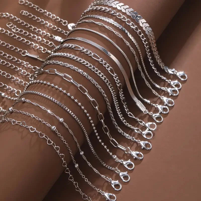 5/15-teiliges Set silberfarbene Kettenperlenarmbänder für Frauen Schlichter, eleganter Urlaub, Strandparty, Freizeit-Schmuck, vielseitig, für den Alltag