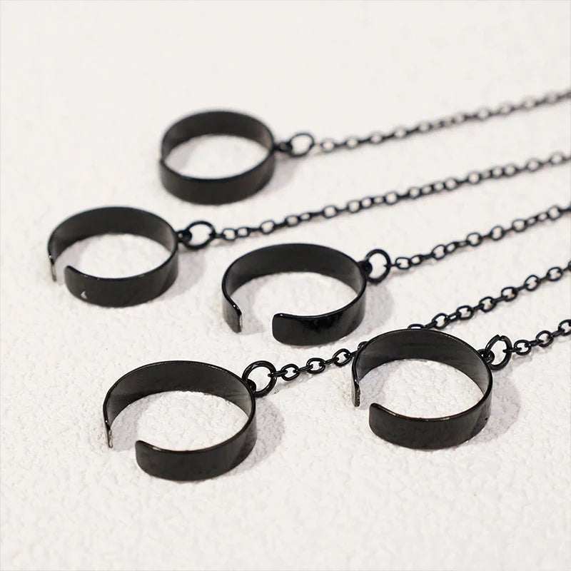 Punk Geometrische Schwarze Farbe Kette Armband Ring Für Frauen Männer Offener Ring Silber Gliederkette Mädchen Cooles Design Modeschmuck
