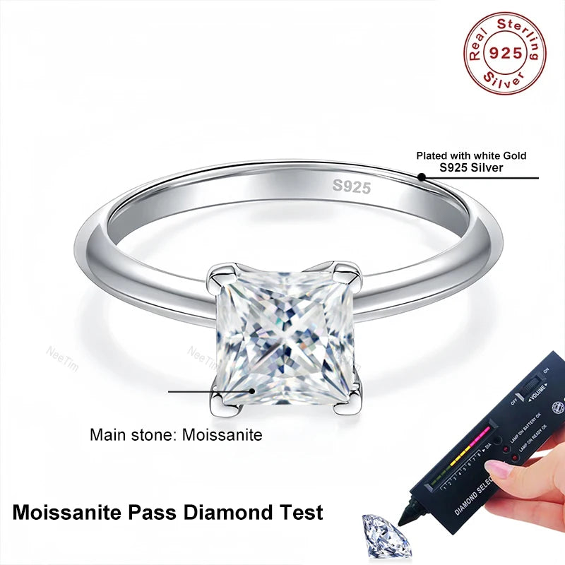 NeeTim 2 Karat VVS1 Prinzessschliff Moissanit Diamantring für Damen S925 Sterlingsilber Eternity Band Hochzeitsfeier Edelschmuck