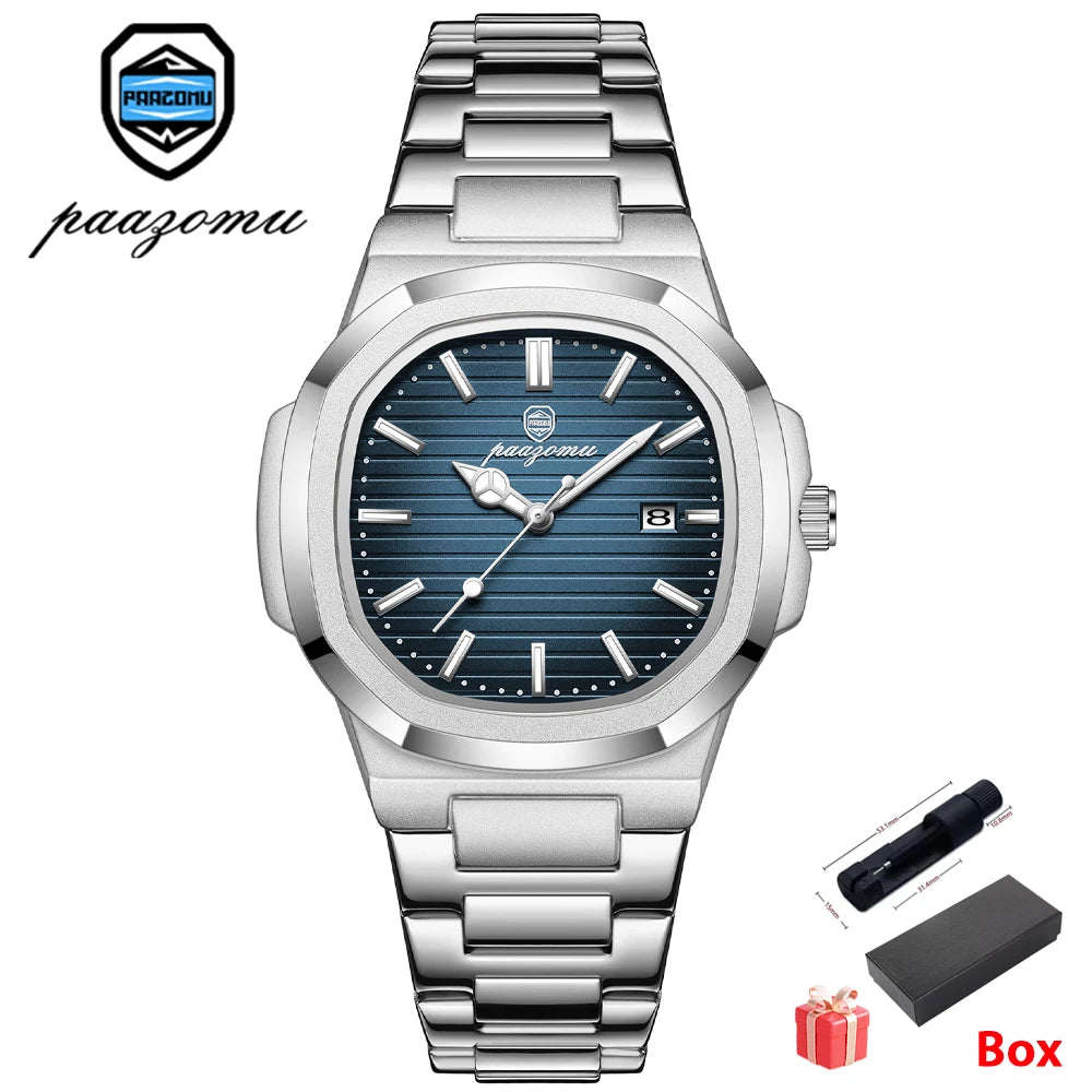 PAAZOMU Reloj de lujo empresarial de 50 ATM, resistente al agua, para hombre, reloj luminoso, fecha, acero inoxidable, cuarzo cuadrado, relojes de hombre, reloj hombre