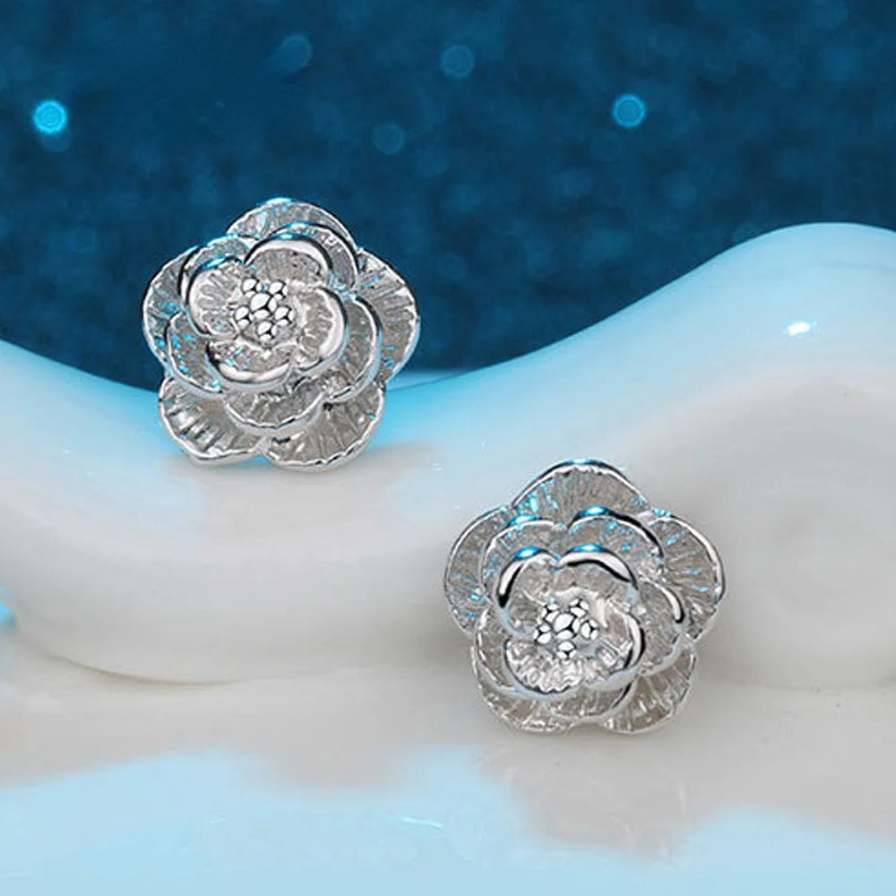 Heiße 925 Sterling Silber Hübsche Rosenblume Ohrstecker für Frauen Mode klassische Party Hochzeit Schmuck Weihnachtsgeschenke