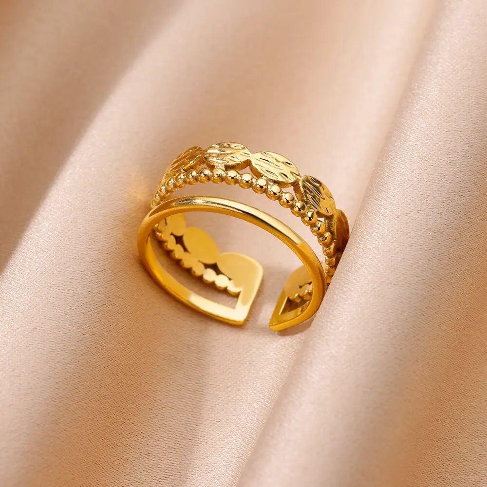 Goldfarbener Edelstahl Mehrschicht-Ringe für Damen, hohler offener Fingerring, Mode Hochzeitsfeier Schmuck Geschenk 2024 Neu
