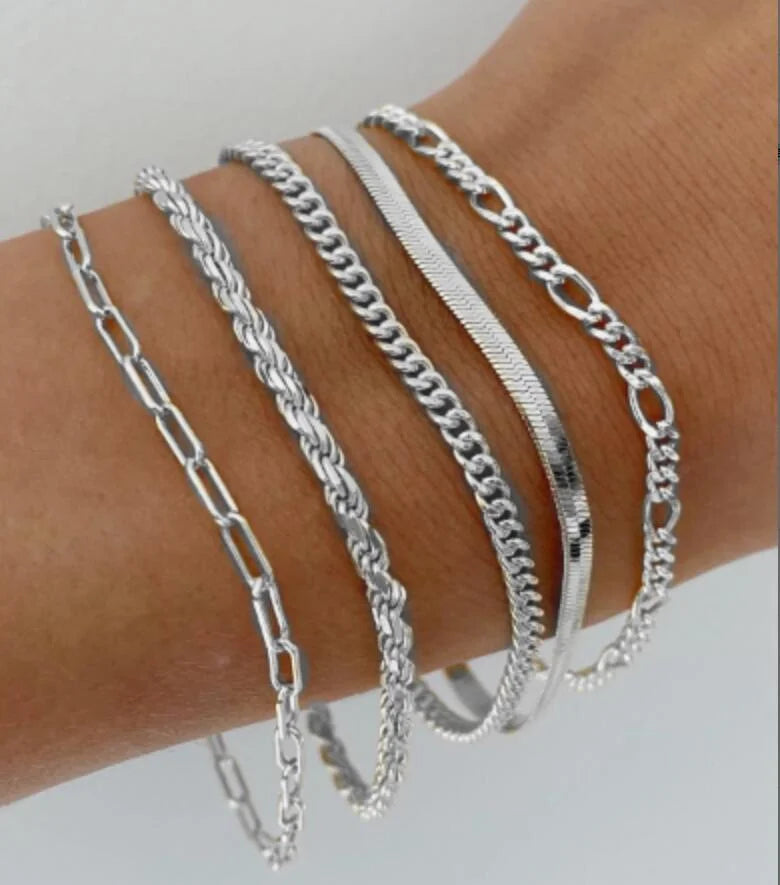 5/15-teiliges Set silberfarbene Kettenperlenarmbänder für Frauen Schlichter, eleganter Urlaub, Strandparty, Freizeit-Schmuck, vielseitig, für den Alltag
