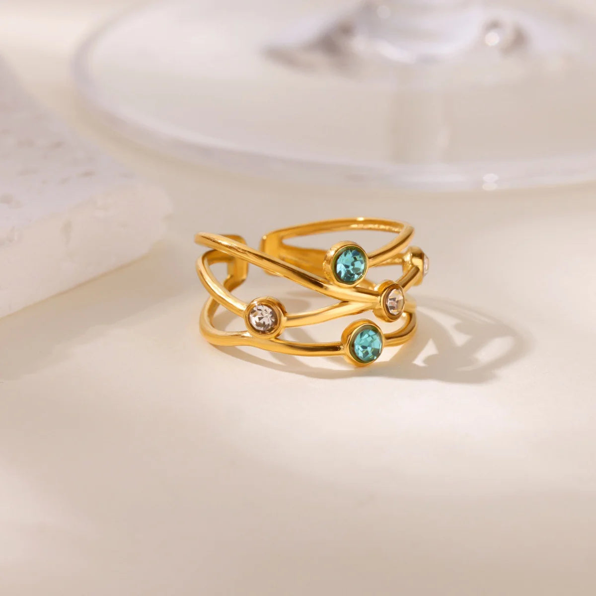 Vintage Grüne Stein Offene Edelstahlringe Für Frauen Mode Goldfarbe Blume Zirkon Ring Schmuck Ästhetische Anillos Geschenk