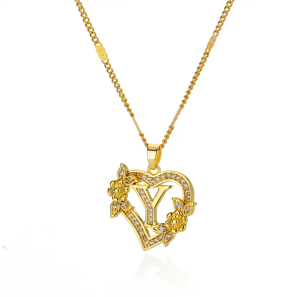 Zircon Flower Initials Necklaces For Women Stainless Steel Heart Gold Color Letter Chain Collar 2025 New Trend Wedding Jewelry