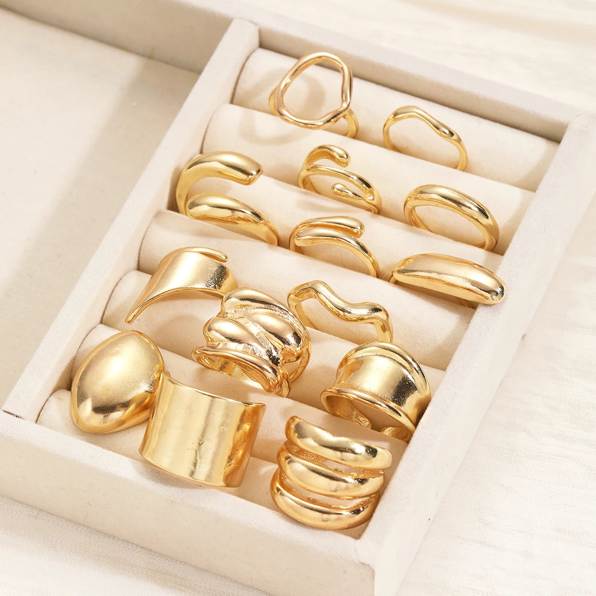 14Pcs/Set Vintage Glatte Offene Ringe Set für Frauen Geometrische Kreative Unregelmäßige Goldfarbe Fingerringe Trendiger Täglicher Schmuck Geschenk