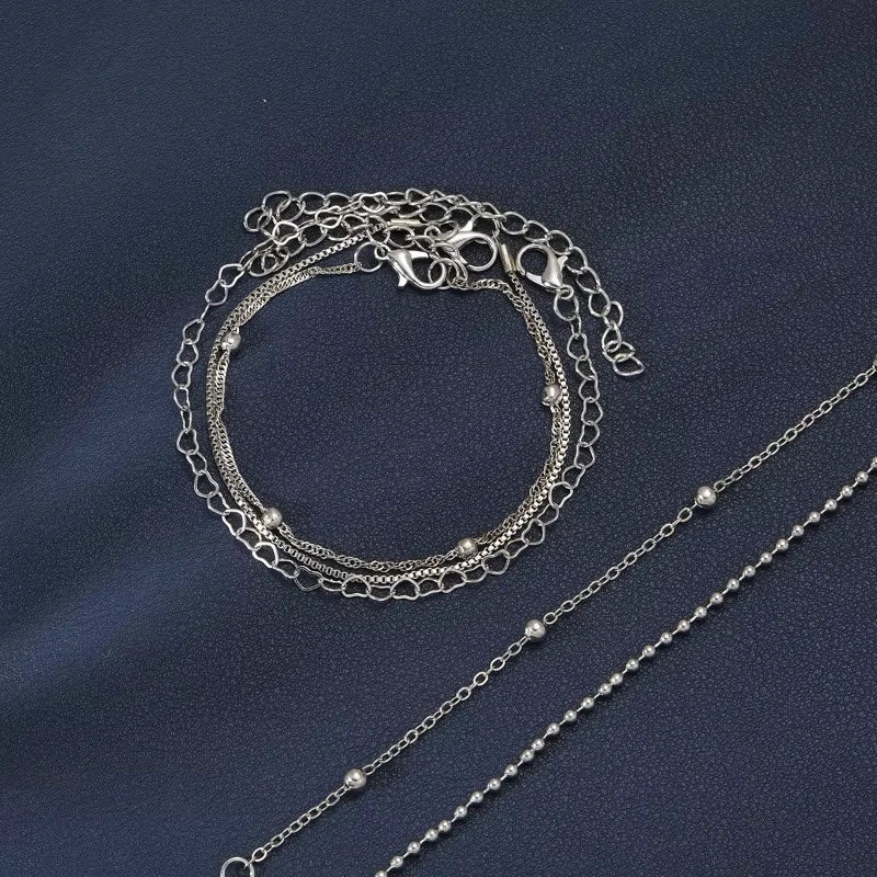 5-teiliges Set, silberfarbene Kettenperlenarmbänder für Damen, schlichter, eleganter Urlaub, Strandparty, Freizeit-Schmuck, vielseitig für den Alltag