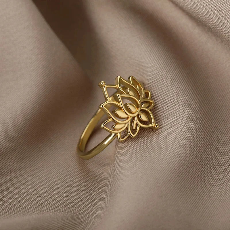 Lotusblume Ringe für Damen Edelstahl Goldfarbe Hohlring Mode Hochzeit Party Ästhetischer Schmuck Geschenk anillos