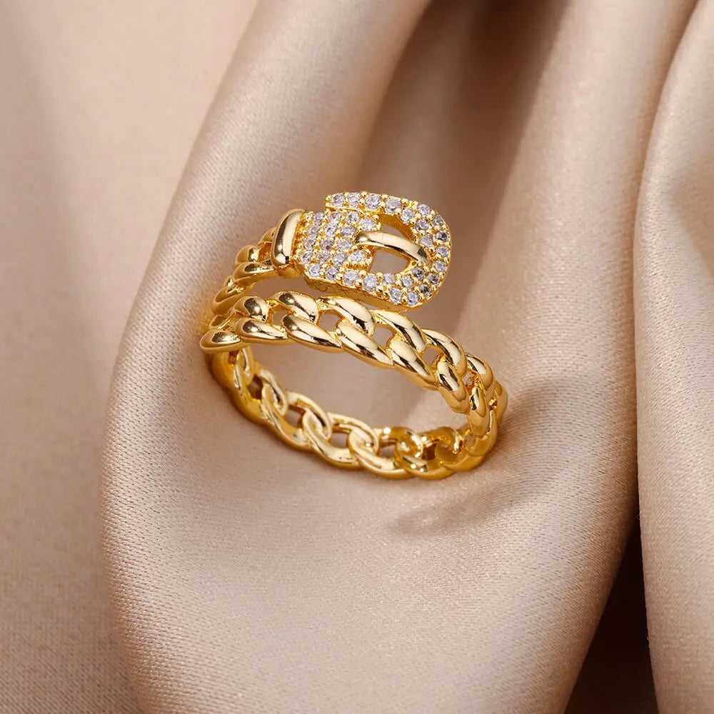 Zirkon-Ketten-Kreuzringe für Damen Vintage Goldfarbe Edelstahl Geometrischer offener Ring Mode Hochzeit Ästhetischer Schmuck Geschenk