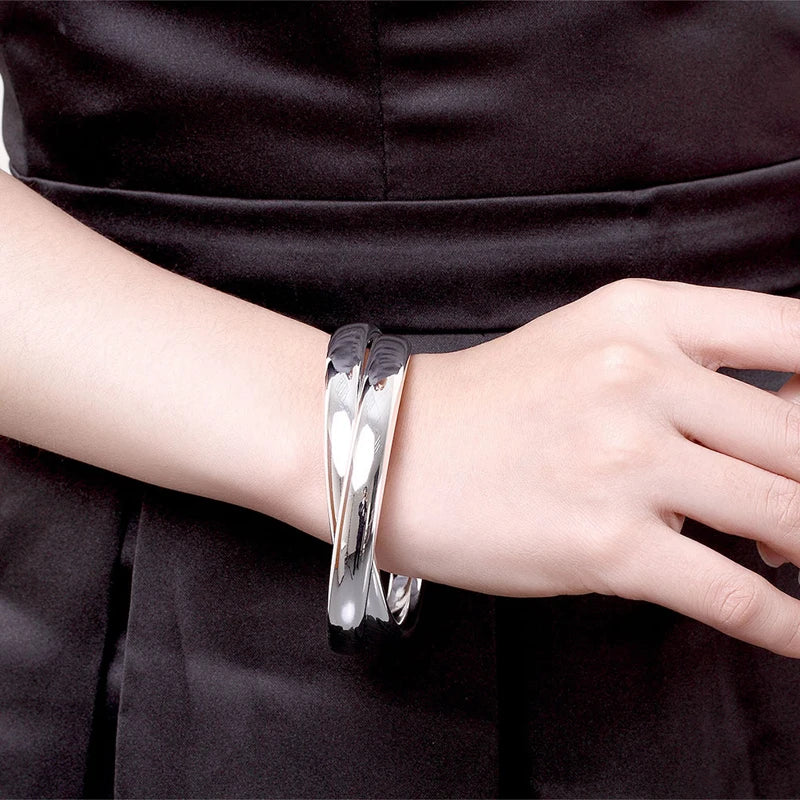 Aravant Pulseras de doble círculo de plata 925 para mujeres y hombres, joyería de moda