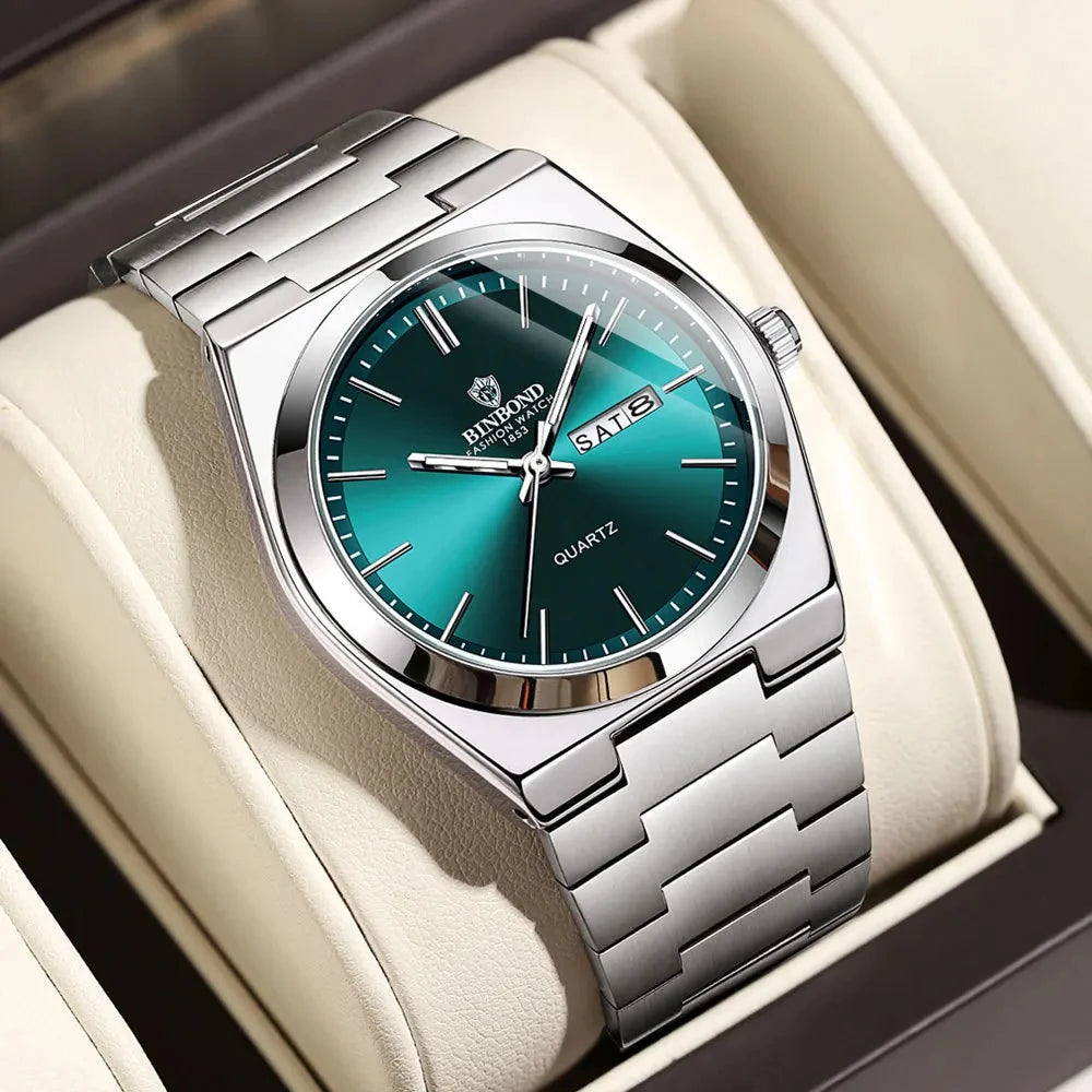 BINBOND Lujoso Reloj de Moda para Hombre, Reloj de Negocios de Alta Gama, Impermeable, Luminoso, con Fecha y Semana, Reloj de Cuarzo de Acero Inoxidable para Hombre