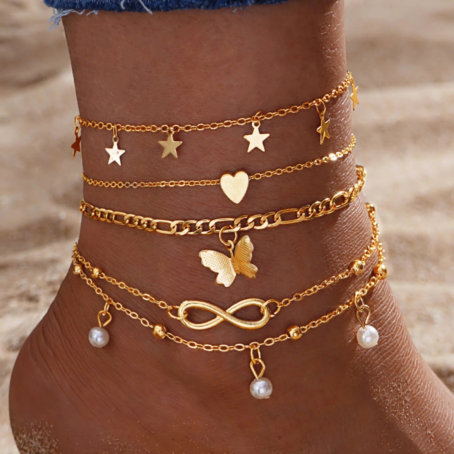 5 Stück Retro Mehrschichtiger Quasten-Fußkettchen-Set für Frauen Böhmen Vintage Perlen Schmetterling Stern Herz Anhänger Fußkettchen Strand Schmuck