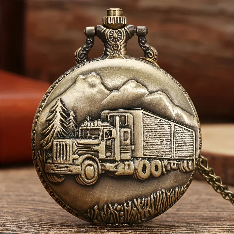 Bronze Big Truck Necklace Quartz Pocket Watch - Vintage Nostalgic Design, Perfect Holiday Gift for Teens