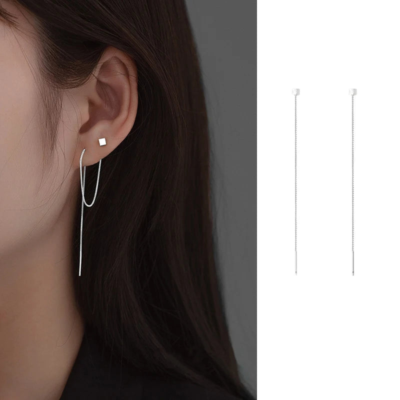 JWER S925 Silver Needle Star Line Earring for Women Tassel Drop Earring Long Chain Beads Piercing Earring Asymmetry Ear Jewelry