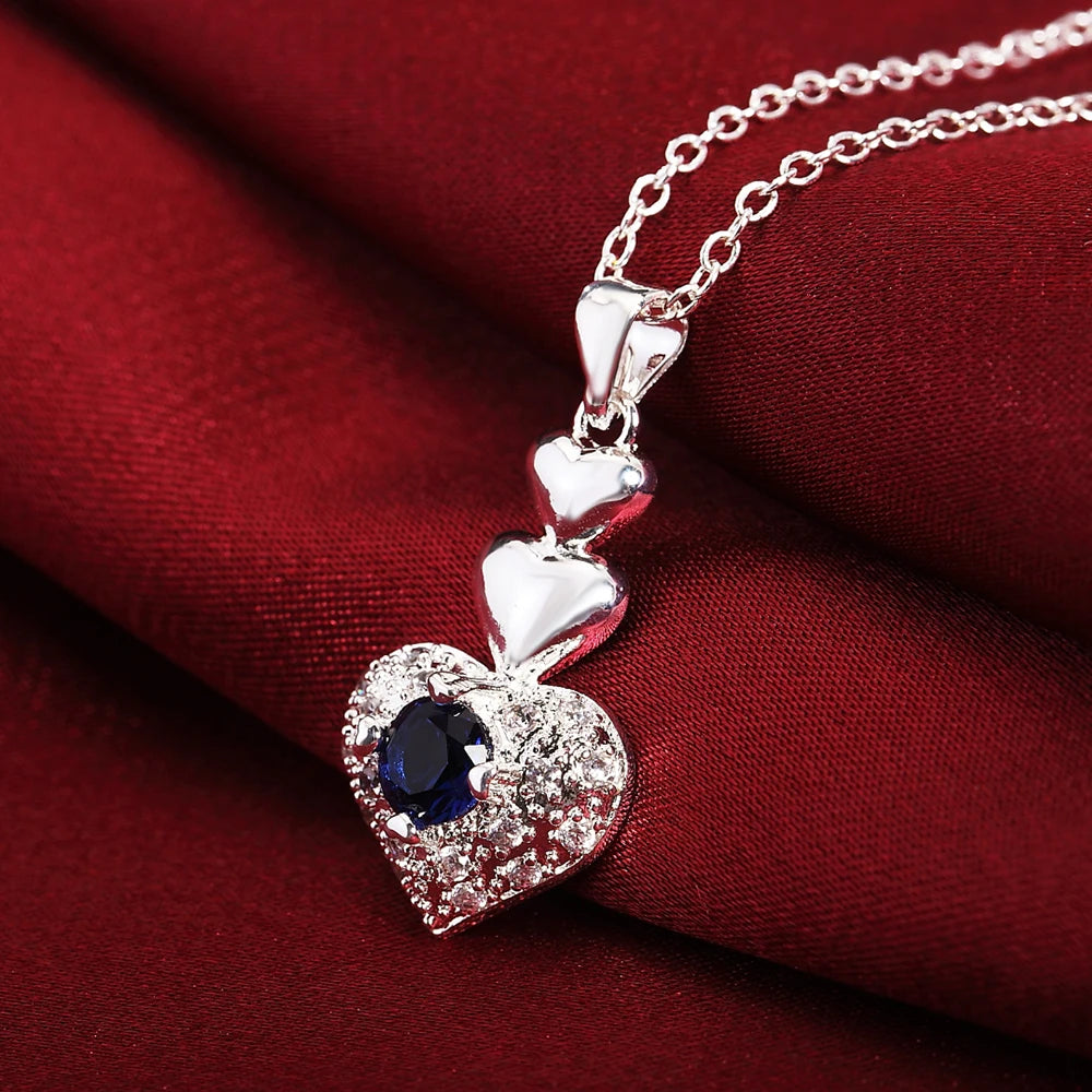 Heißes Edelblau Kristall Herz 925 Sterling Silber Anhänger Halskette Ohrring Schmucksets für Frauen klassische Mode Party feines Geschenk