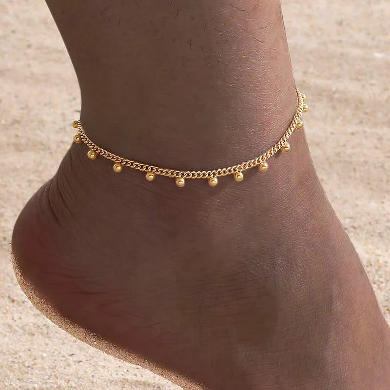 Fußkettchen Armband für Beine aus Edelstahl, wasserdicht, verstellbar, Strandperlen, Kugel, kubanische Gliederkette, Sommer, Boho-Fußschmuck für Damen