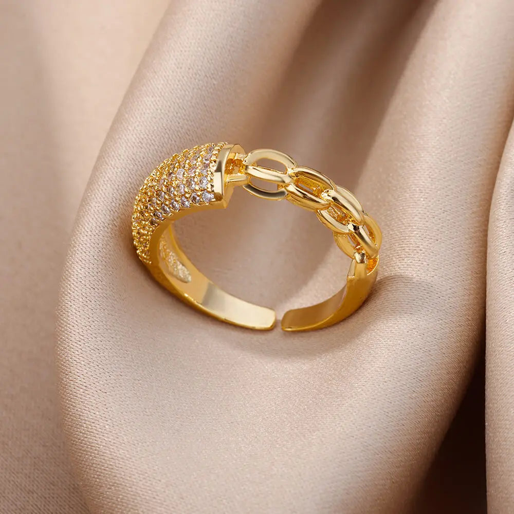 Anillos de acero inoxidable de color dorado a la moda para mujer, cadena hueca de cristal de circón, joyería para dedo, regalo 2023, anillos mujer