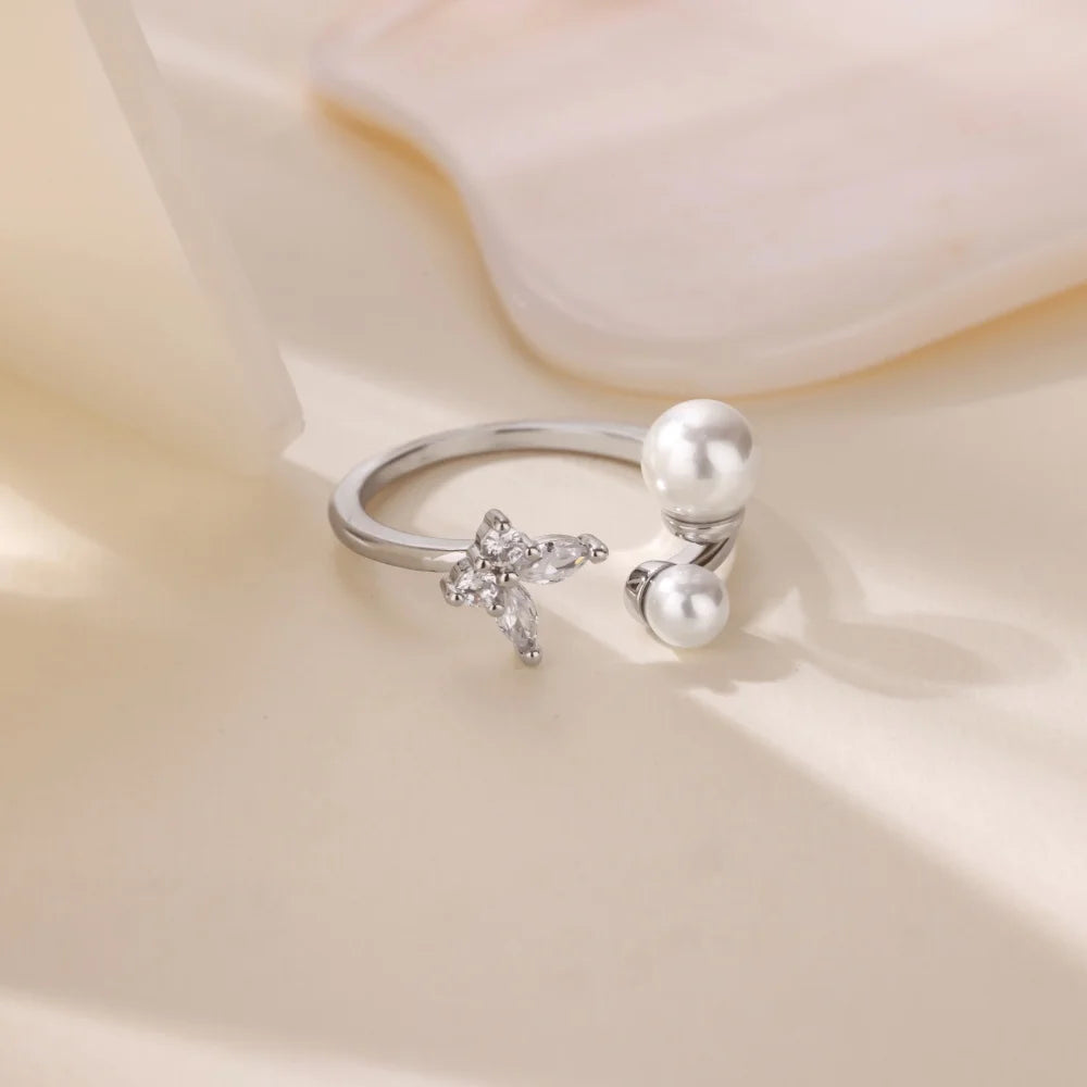 Zirkon Schmetterling Imitation Perle Ring für Frauen Edelstahl Goldfarbe Ring 2025 Neue Mode Hochzeit Paar Schmuck Geschenke