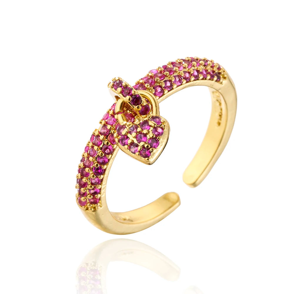 NEWBUY Fashion Bunte Zirkonia Pavé-Fassung Hochzeitsschmuck 2024 Trendiger Goldfarbener Herzanhänger Fingerring für Damen