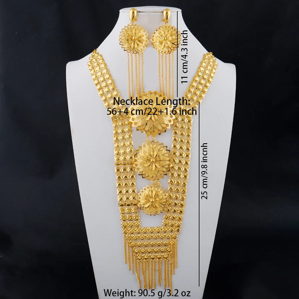 Neues indisches Goldfarbenes langes Halsketten-Set Nigerianische Party Braut Hochzeit Luxus Dubai Ohrringe Schmuck Damen Valentinstagsgeschenk
