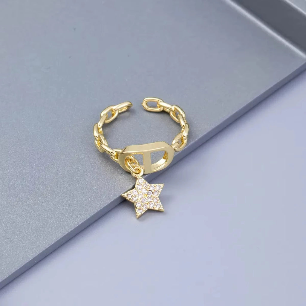 Stern Diamant Buchstaben CD Ring Nische Design Anhänger Trendiger Alltag Vielseitiger Damenring Neu Offener Verstellbarer Ring