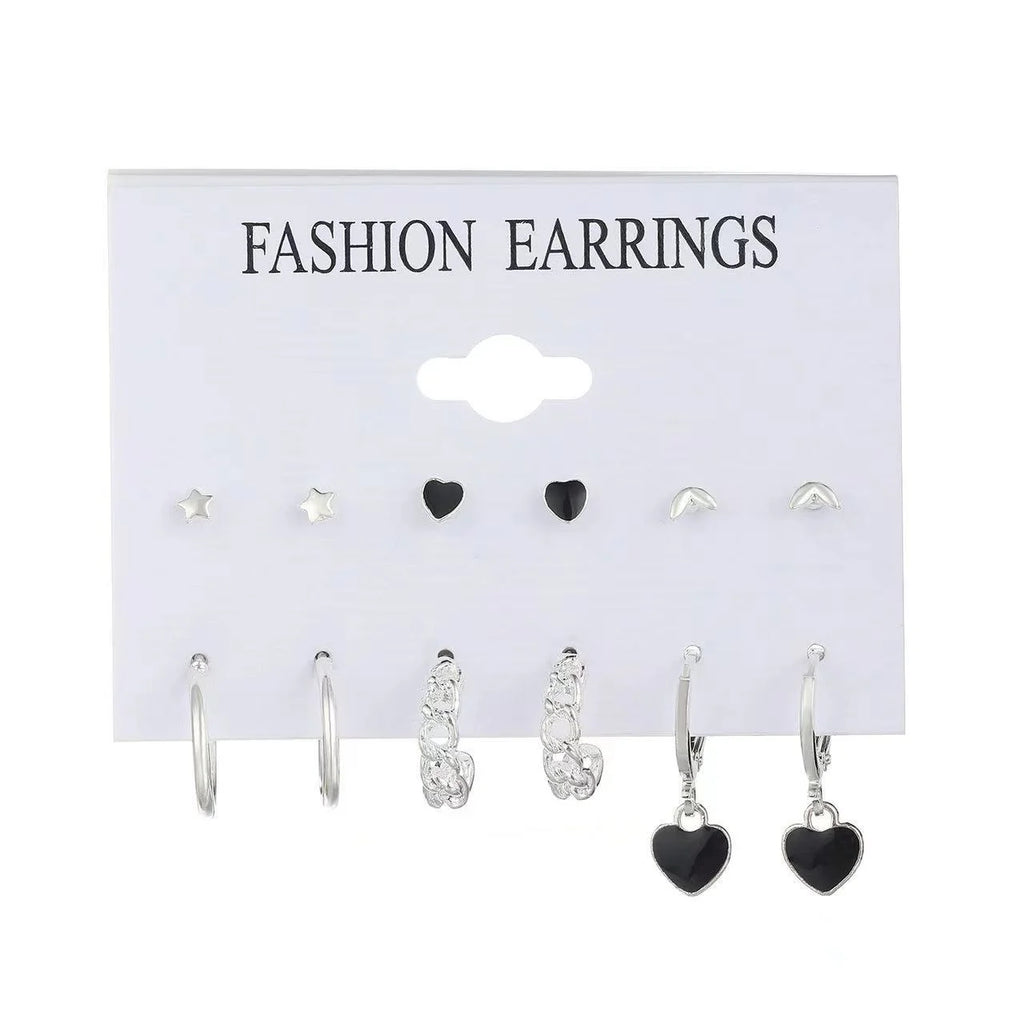 6 Paar koreanische Mode Metall Start Herz Kreis Kleine Ohrringe für Frauen Trend Schwarze Herz Emaille Ohrringe Süßer Schmuck