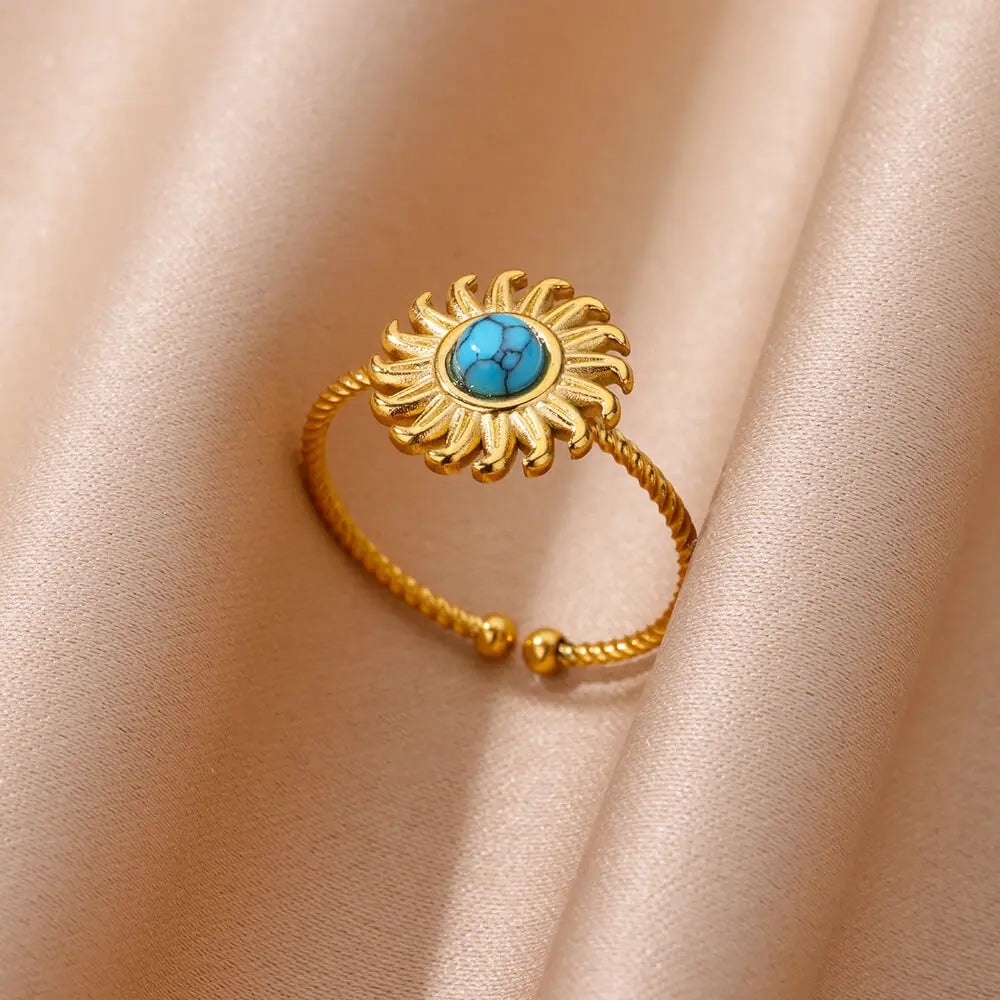Edelstahl glatt doppelte Kugelperlenringe für Frauen Vintage Opal Natursteinring Mode Goldfarbe Ästhetischer Schmuck
