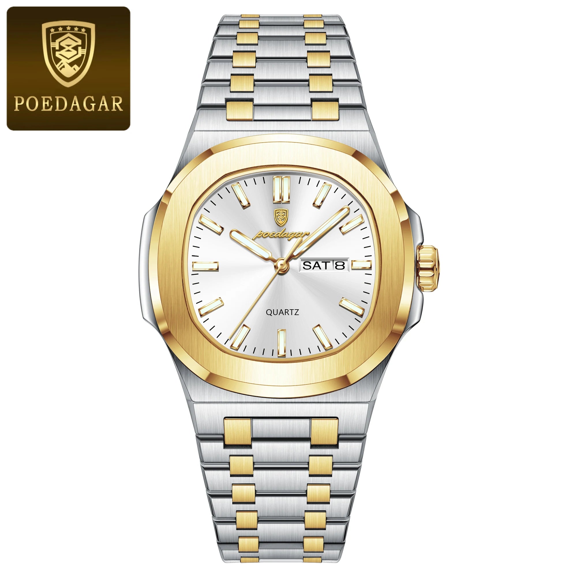 POEDAGAR Reloj de Pulsera Casual de Moda para Hombres Fecha y Día Acero Inoxidable Reloj de Hombre Luminoso Impermeable Lujo Cuarzo Relojes de Hombre+Caja