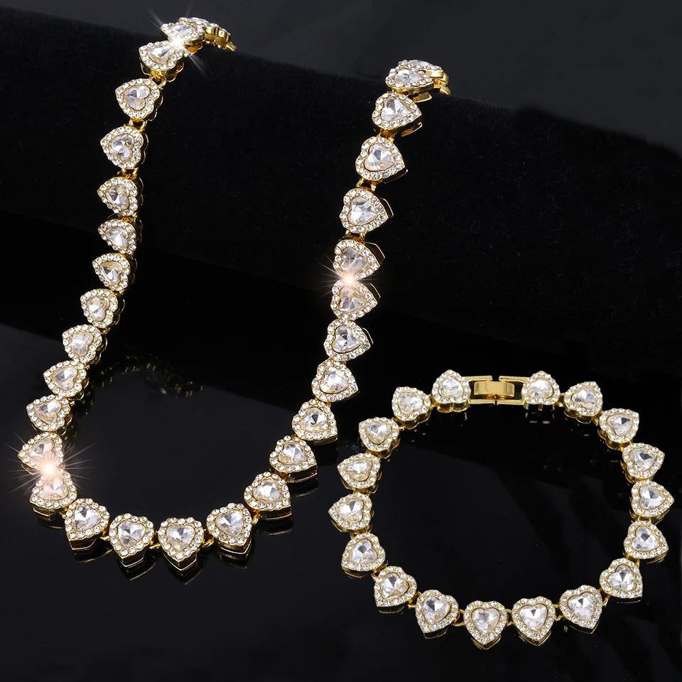 Yupsk 45CM/20CM Shiny Heart Rhinestone Hip Hop Rock Tennis Chain Bracelet Necklace for Women Men Trendy Jewelry Set Gift