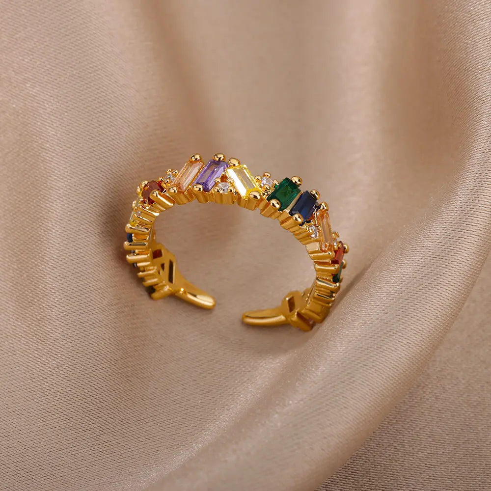 Bunte Zirkon runde Steinringe für Frauen Edelstahl Goldfarbe Fingerring Hochzeit Ästhetischer Schmuck Geschenk Bijoux Femme